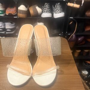 Rhinestone Clear Strap White Slide Mules